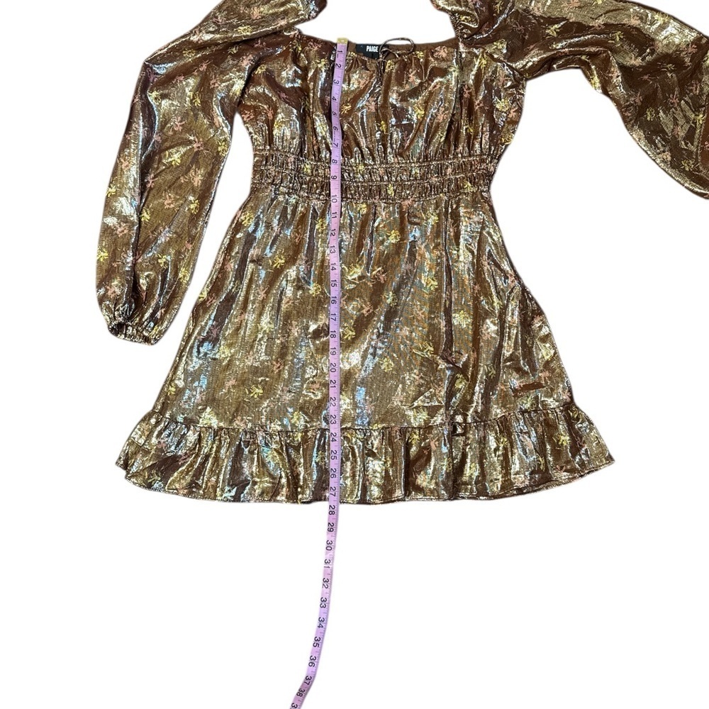 PAIGE Metallic Silk Blend Puff Sleeve Mini Dress Gold Bronze Ruffle Hem - Picture 10 of 10